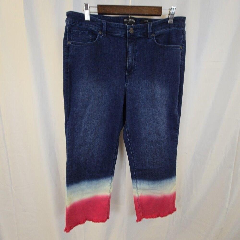 Susan Graver Jeans Womens 14P Blue Crop Dip Dye Fringe Hem Denim Pants